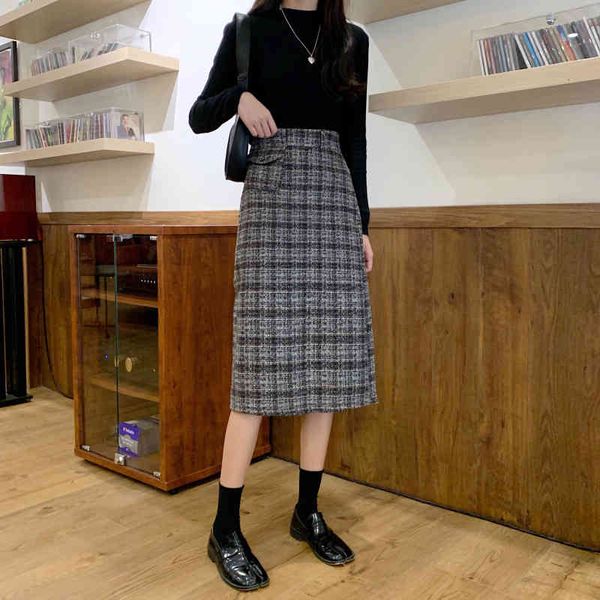 

skirts fdfklak fashion woolen skirt women's high waist mid-length retro spring autumn skirt female hong kong flavor plaid ladies skirts, Black