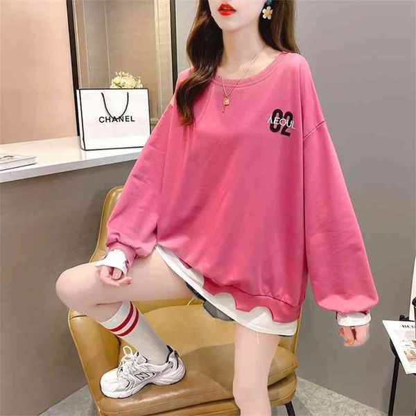 

2021 autumn new korean casual letter fake two loose large women's clothes fat mm thin sweater, Black