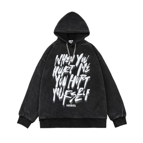 

men's hoodies & sweatshirts winter letter graffiti print retro washed men fleece pullover hip hop chain vintage hooded sweatshirt sudad, Black