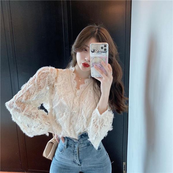 

autumn super sweet v-neck long sleeve lace hollow-out elegant casual thin slim blouse women women's blouses & shirts, White