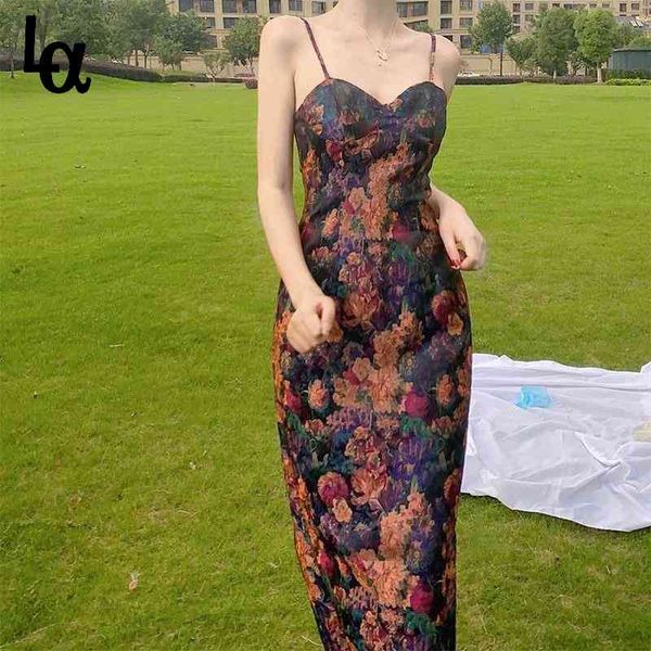 

summer floral print strap dress women french vintage designer chic slim party night club ladies 210519, Black;gray