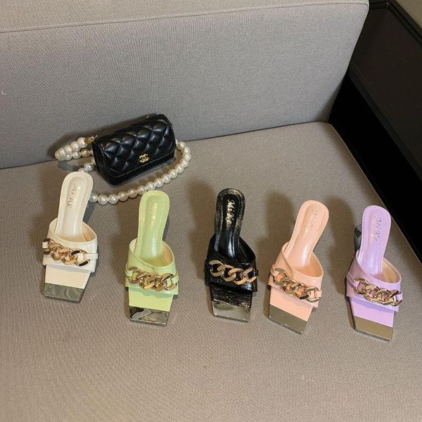 

fashion square toe high heel slippers ladies elegant chain peep slides shoes thin sandal flip flop, Black