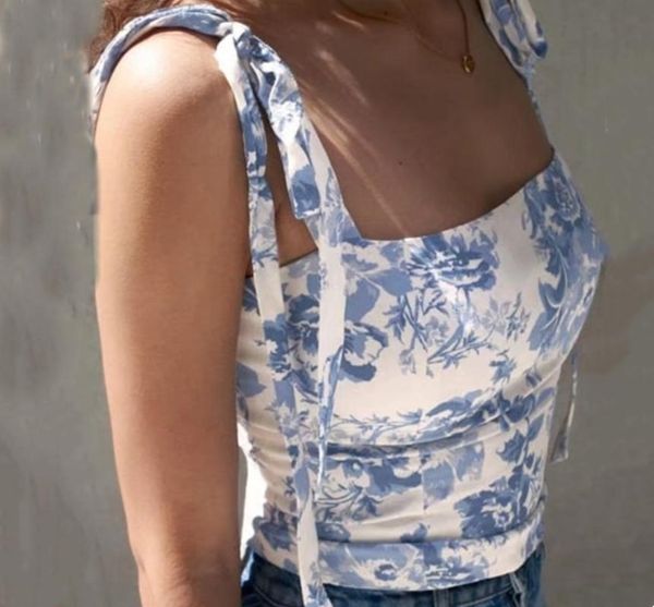 

women's tanks & camis 2021 tie bow strap blue white floral print women summer ruched short tank retro cool girl slim crop tees