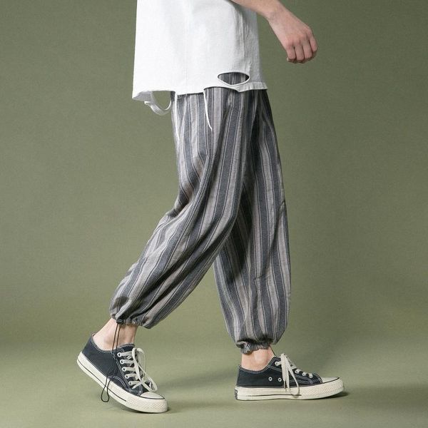 

men's pants 2021 summer large size cotton and linen thin striped leg drawstring casual knicker, Black