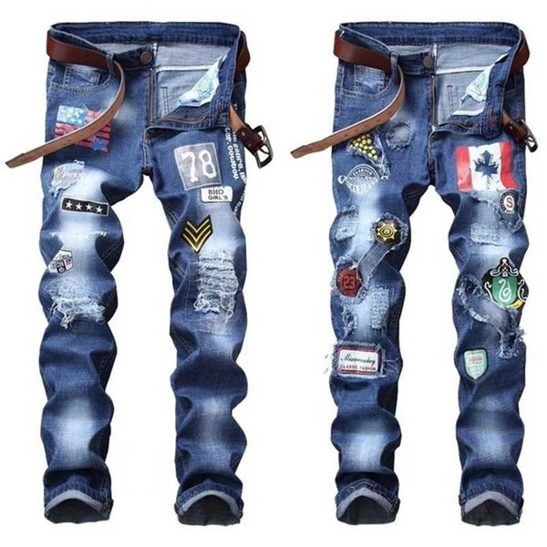 

mens style jeans,slim&straight stretch denim jeans,embroidery patch badge&torn hole decors denim pants; 211011, Blue