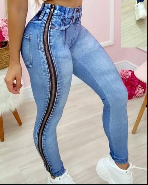 

lente herfst solid vrouwen hoge womens jean taille rits ontwerp skinny denim broek femme vintage bottom lady nieuwe, Blue
