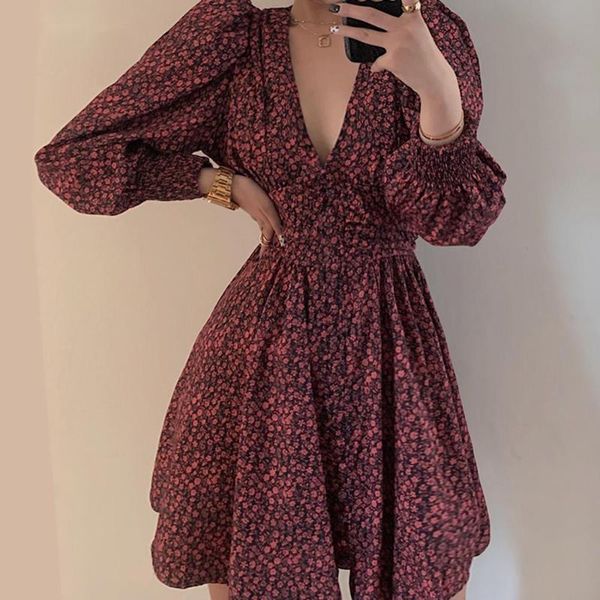 

casual dresses dress women's summer floral elegant ladies puff sleeve a-neck v-neck high elastic waist party ladi, Black;gray