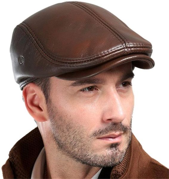 

men's real cowhide leather beret hunting cap beanie trucker mens sports hat outdoor hats, Black;white