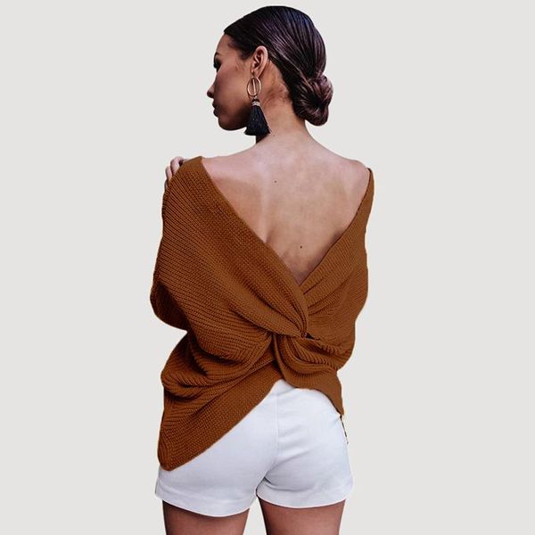 

women's sweaters women loose knitted pullovers plunge v neck twisted long sleeves ladies drop shoulder crossed casual jumper top, White;black