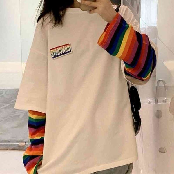 

women's t-shirt qweek arco-íris listrado manga longa camiseta para as mulheres outono coreano moda branco s feminino kpop alt roupas 1s, White