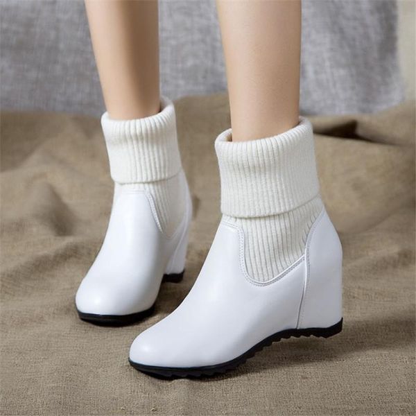 

boots pxelena 2021 winter warm snow women hidden wedge high heels patchwork knitting slip on ladies ankle white black 43