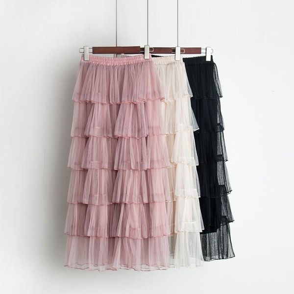 

skirts high waist long tulle skirt ruffles women casual pleated mesh, Black