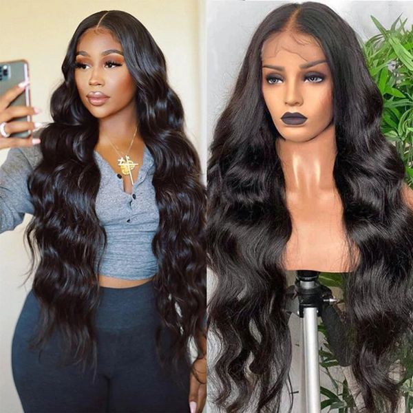 

black/brown color 26" long wavy human hair wigs for women synthetic lace front wig with natural hairline middle part cosplay daily wear