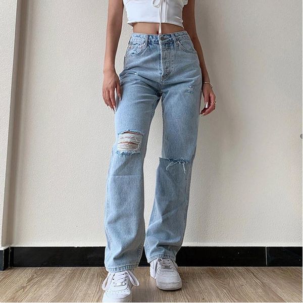 

women's jeans large size boyfriend jean pants female high waist mom ripped 2021 women y2k casual stright trousers, Blue
