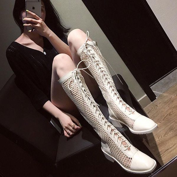 

boots 2021 fashion sandals boots,knee high boot,women gladiator mesh summer shoes,mid heel,hollow out,lace-up,black,beige,drop