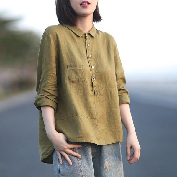 

women's blouses & shirts cotton and linen shirt loose casual solid color women long sleeve womens button up korean fashion, White