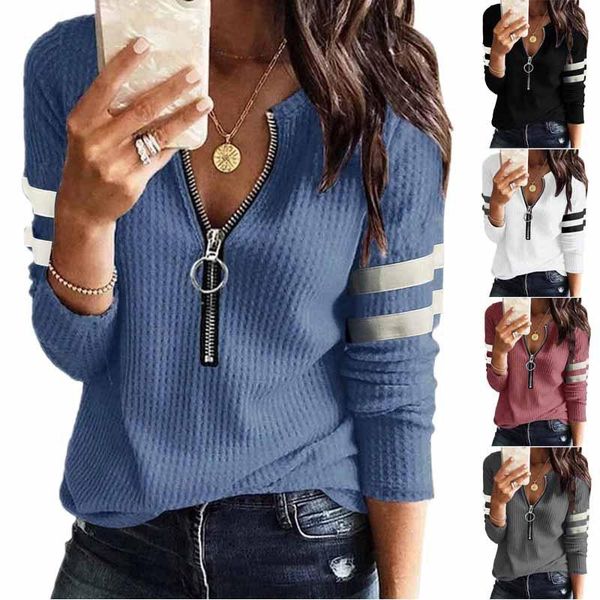 

women's t-shirt autumn and winter zipper v-neck splicing long sleeve top, White