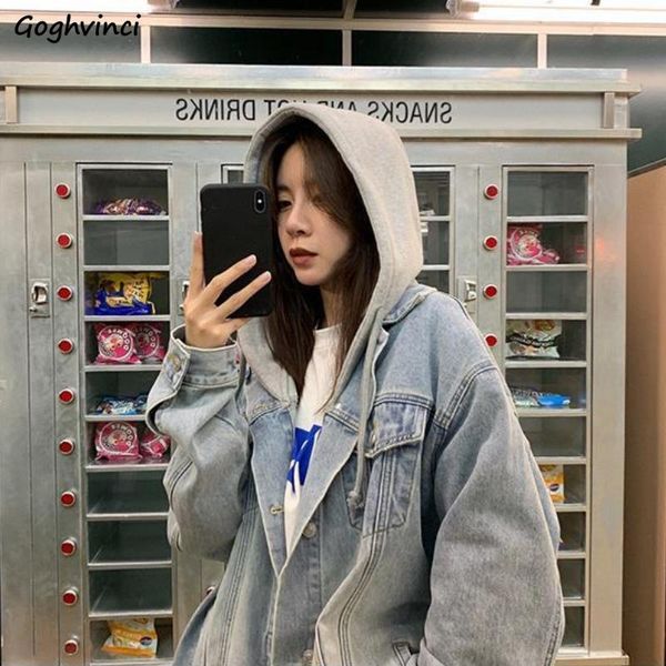 

women's jackets basic women vintage hooded bleached loose streetwear drawstring korean style females daily jacket denim stylish designe, Black;brown