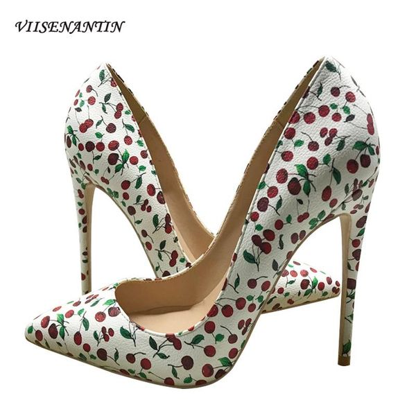 

dress shoes 12cm white cherry pattern high heels fairy style single plus size stileto super party shoe wedding, Black