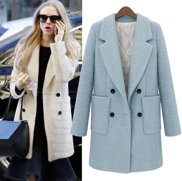 

women's wool & blends autumn winter women turquoise blue white simple woolen long coat notched thick tweed outerwear casacos femin, Black