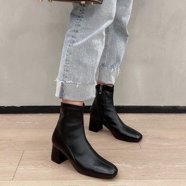 

boots 2021 winter elastic high-end custom mid-heel square toe women's, Black