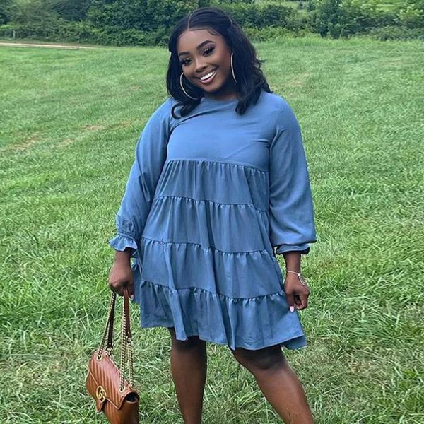 

casual dresses vavcy 2021 spring autumn blue block wrinkle work fatty lady mini dress, Black;gray