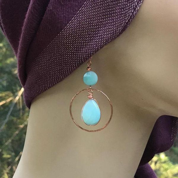 

dangle & chandelier womens hammered copper hoop earrings vintage turquoise stone bead earring bohemian drop bronze jewelry, Silver