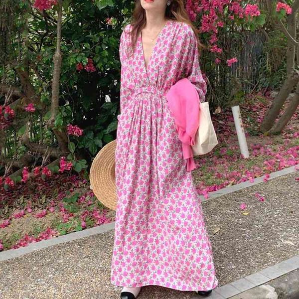 

women vintage pink gentle and sweet shirring flower design pleated robe dress v-neck loose fashion casual 16f0845, Black;gray