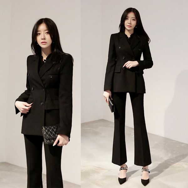 

autumn and winter women's slim double breasted business suit, lady casual fashion two piece suit pants, White