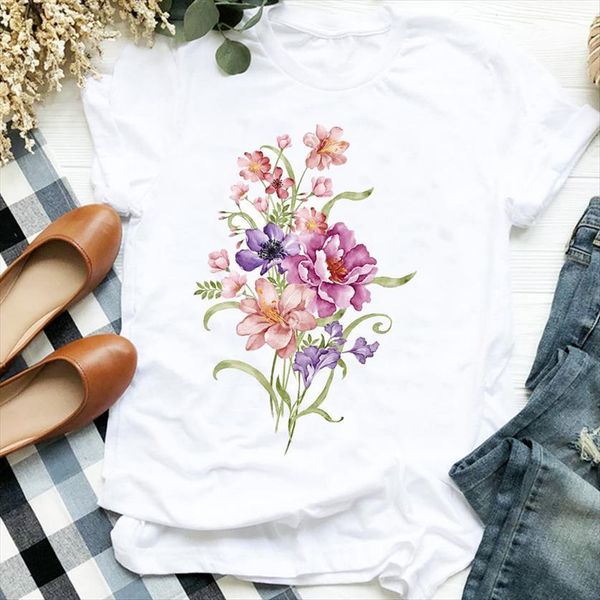 

fashion 90s beach holiday womens flower floral casaul printing tee female shirt clothes graphic, White