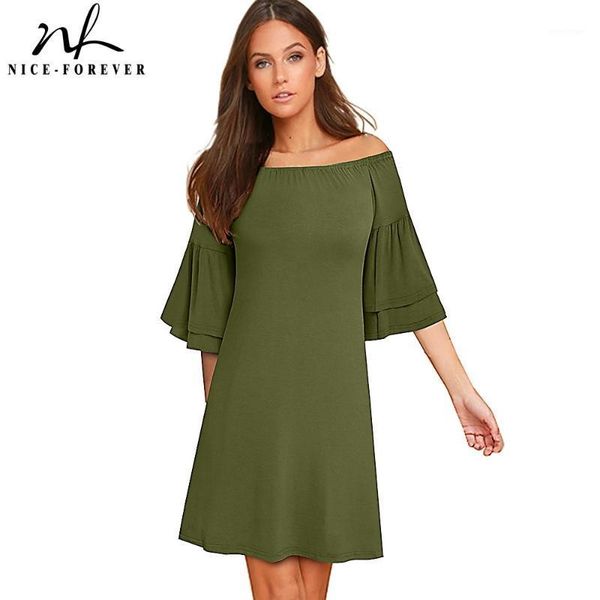 

casual dresses nice-forever spring women simplicity solid color off shoulder losse straight dress a165, Black;gray