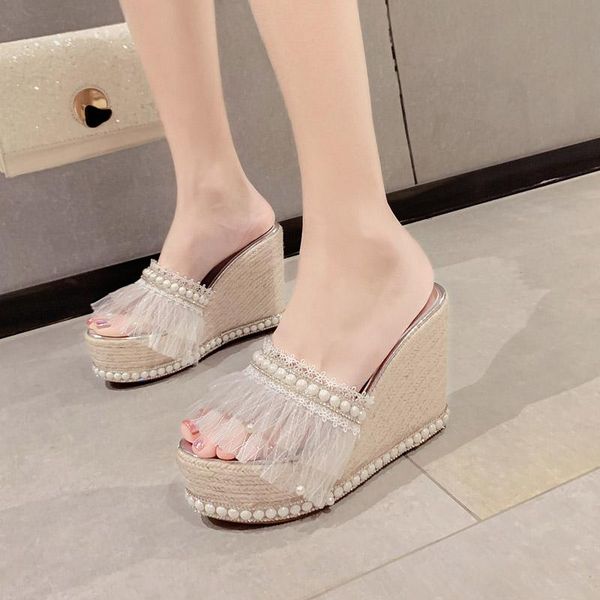 

slippers 2021 sweet style fashion tassel slope with wild pearl platform sandals and for children, Black