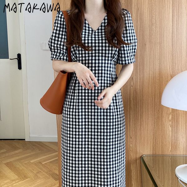 

matakawa cotton and linen woman dress vintage v-neck black and white plaid robe femme korean chic slim waist vestido feminino 210513, Black;gray