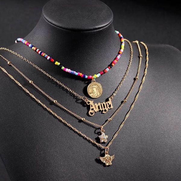 

chains trendy multilayer letter portrait coin rainbow bead chain choker necklace boho crystal flower pendant party jewerly, Silver