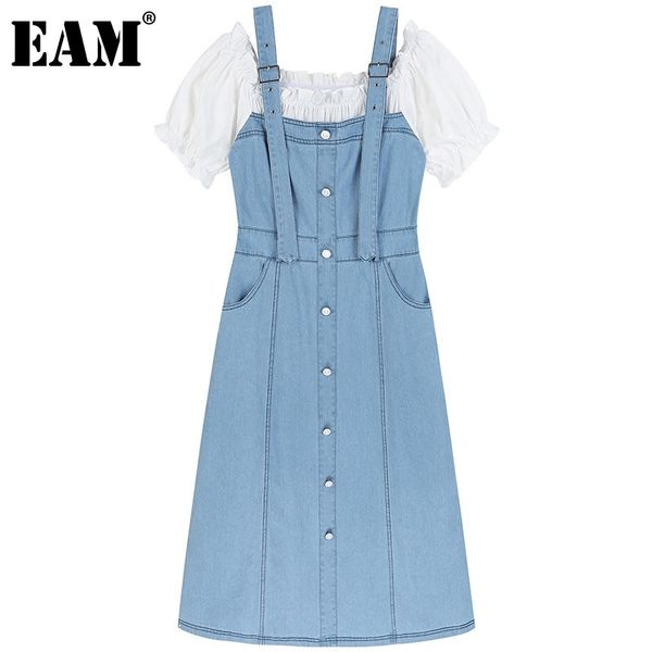 

[eam] women blue fake two spliced pleated dress square neck puff short sleeve loose fit fashion spring summer 1dd8298 210512, Black;gray