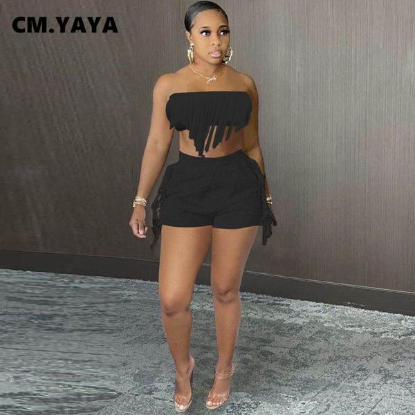 

women's tracksuits cm.yaya women set solid sleeveless strapless tassel crop stretchy shorts two 2 piece sets fashion outfit summer, Gray