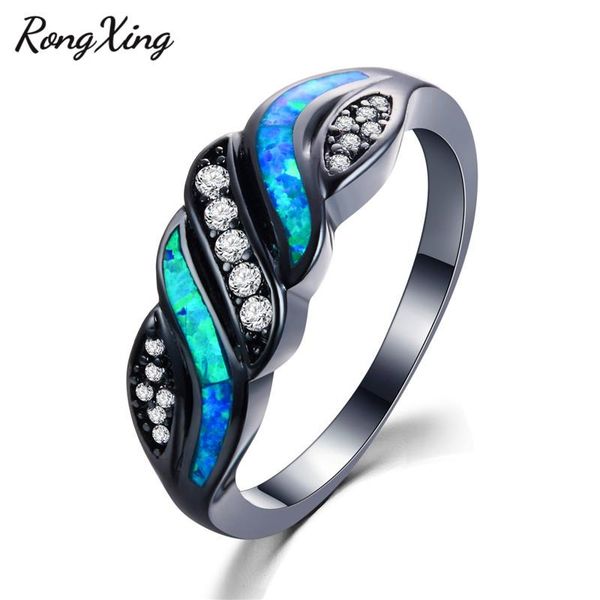 

wedding rings rongxing blue fire opal s ring vintage black gold filled white cz for women men fashion engagement jewelry rb1357, Slivery;golden