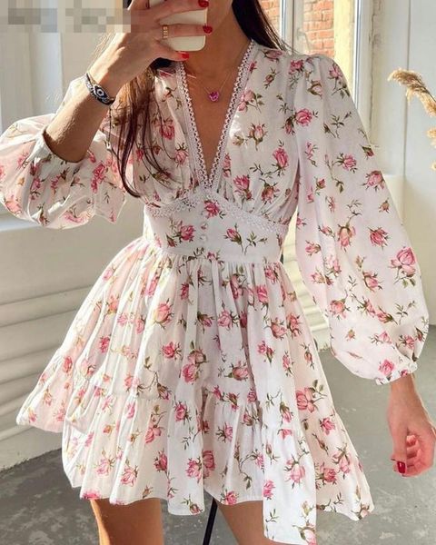 

casual dresses summer latest ladies floral print lantern sleeves v-neck lace hem ruffled a-line dress, Black;gray