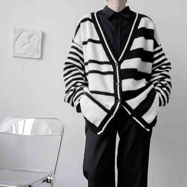 

men's jackets asymmetrical stripe sweater men cardigan coat harajuku streetwear fashion loose casual knitwear jacket s lzrh, Black;brown