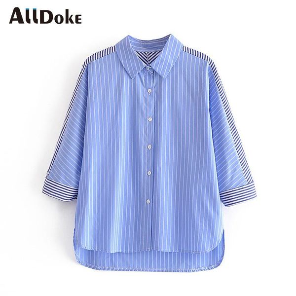 

women's blouses & shirts alldoke summer 2021 blue striped patchwork women turn-down collar puff sleeve single breasted casual blusas mu, White