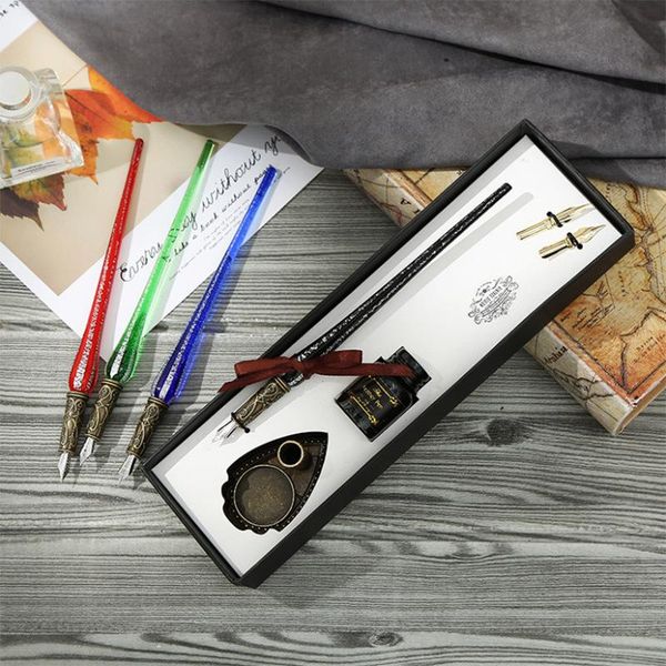 

fountain pens mesh multicolor crystal pen set, glass dip pen,pen nib base,ink,2 replacement nibs, luxury christmas gift