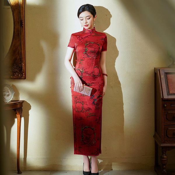 

ethnic clothing red satin wedding cheongsam lady print flower formal party dress gown mandarin collar qipao vintage button slim vestido