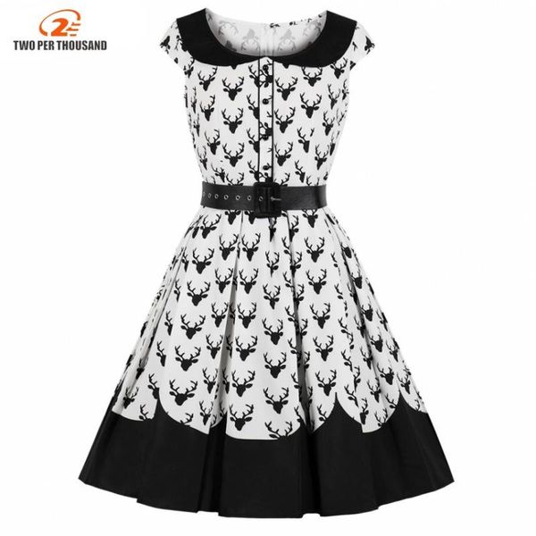 

party dresses 5xl 4xl big size women midi dress christmas 2021 summer elegant vintage deer print pleated swing retro plus 3xl, White;black