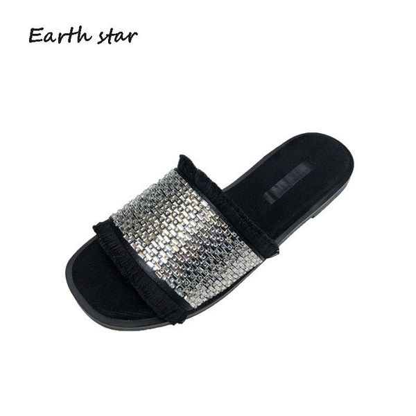 

slippers shoes women mules summer crystal zapatos de mujer rhinestone chaussures femme bling ladies casual footware tassel, Black