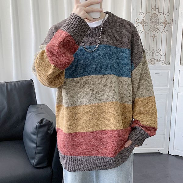 

tee new 2021 fall winter trend men's loose lazy style japanese striped knit sweater crew neck pullover top, White;black