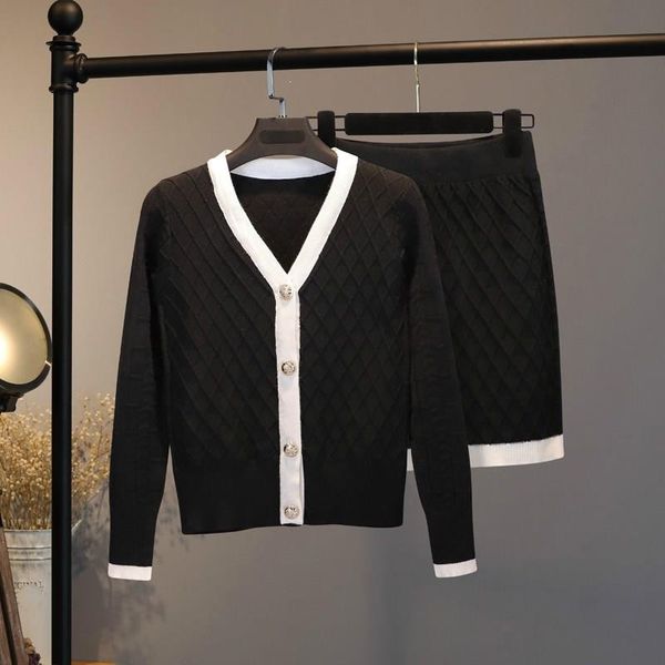 

two piece dress women knitted tracksuits sweater sets elegant cardigan mini skirt set matching 2 sweatsuits, White