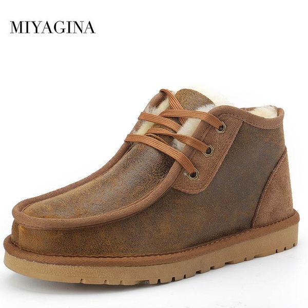 

boots miyagina 2021 fashion vintage men lace-up genuine sheepskin leather natural fur snow waterproof casual ankle, Black