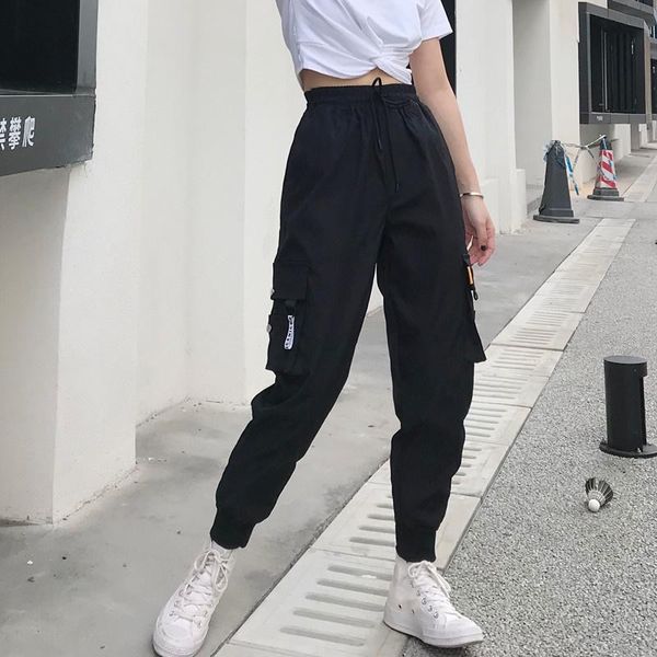 

women's pants & capris big pockets cargo women high waist loose streetwear baggy tactical trouser hip hop quality joggers, Black;white