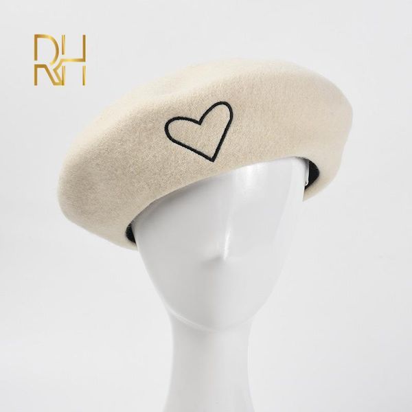 

berets 2021 spring winter style wool beret hat embroidery heart elegant octagonal painter for women, Blue;gray