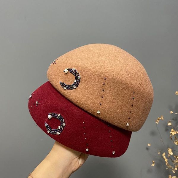 

stingy brim hats autumn and winter wool beret hat for women female pumpkin hand embroidery stitched stewardess casual fedora cape, Blue;gray